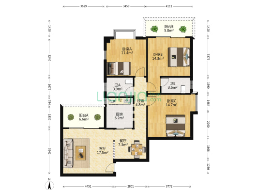 柏蕙花园 3室2厅2卫 120平方