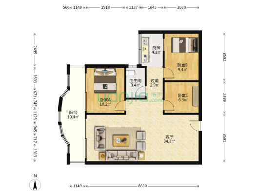 叠彩轩 3室1厅1卫 84平方