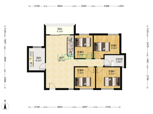 长信御景峰 4室1厅1卫 90平方
