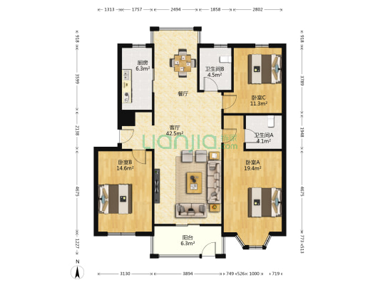 五州新天地 3室1厅2卫 130平方