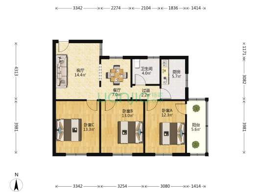 虎巷 3室2厅1卫 91平方