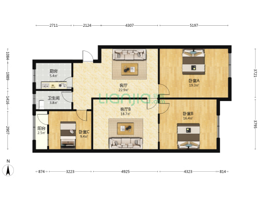 鸟林街 3室2厅1卫 103平方