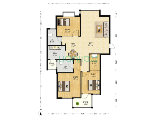 国浩公寓 3室2厅2卫 146平方
