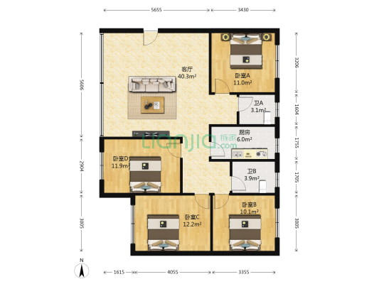 文明巷2号 4室1厅2卫 120平方