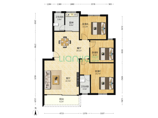 江湾东二苑 3室2厅2卫 110平方