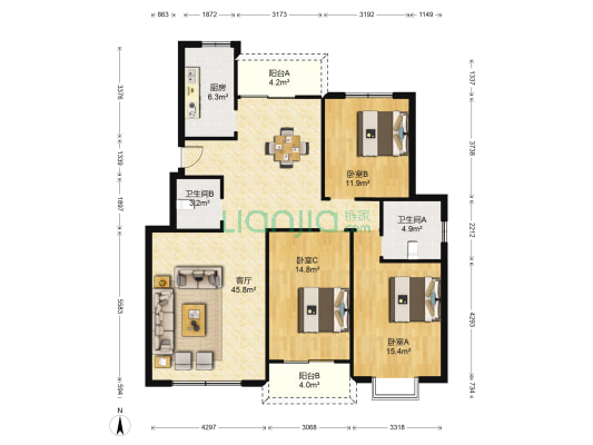 宏城瑞香园 3室1厅2卫 136平方