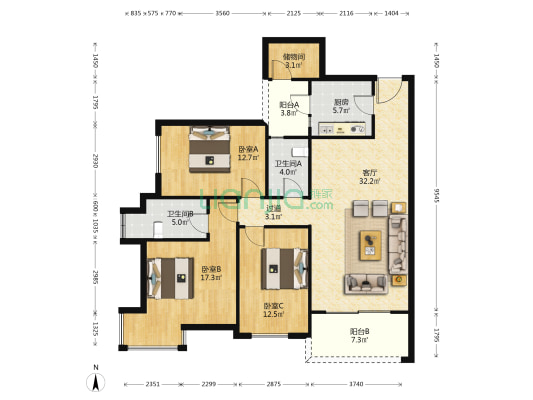 中粮天悦壹号悦芯 3室1厅2卫 126平方