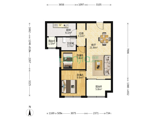 恒大港湾 2室1厅1卫 86平方