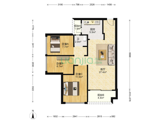鸿荣源尚峻御园 3室1厅1卫 79平方