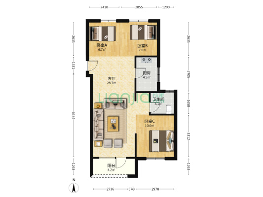 融创融公馆 3室1厅1卫 96平方