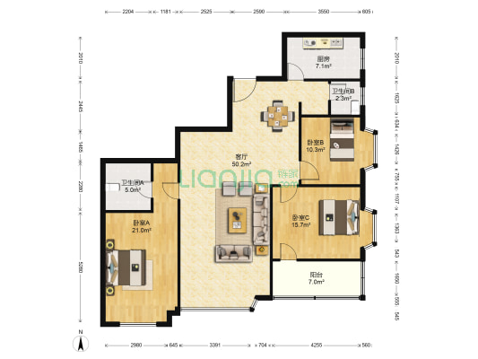 鑫宇翠庭 3室1厅2卫 139平方