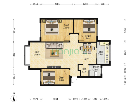 月牙塘小区二组团 3室1厅1卫 80平方