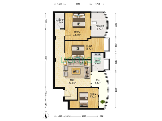 泰安花园 3室1厅2卫 94平方