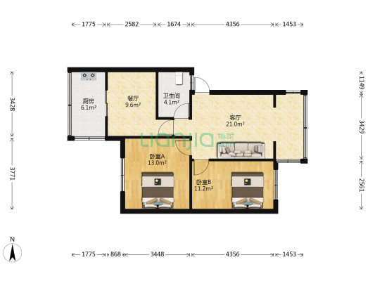 银城花园 2室2厅1卫 80平方