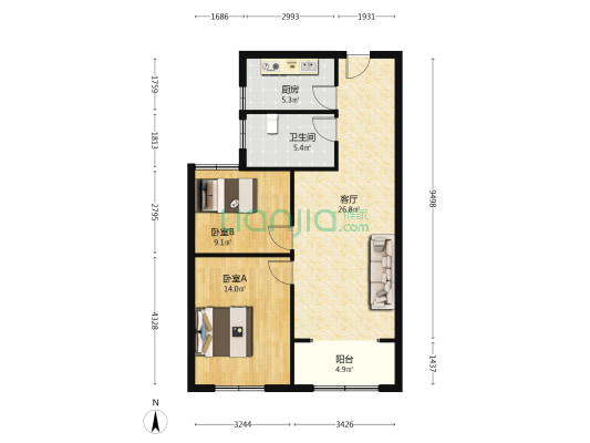 新都市华庭 2室1厅1卫 96平方