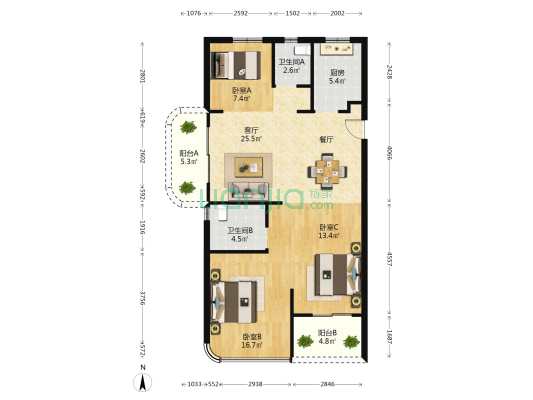 云尚璟苑 3室1厅2卫 103平方