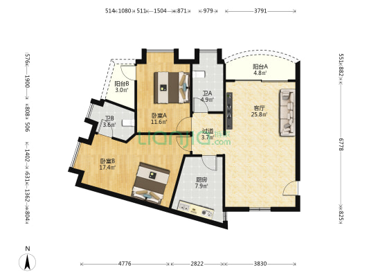 迎福豪庭 2室1厅2卫 104平方