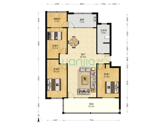 九龍山村小區 3室1厅1卫 140平方