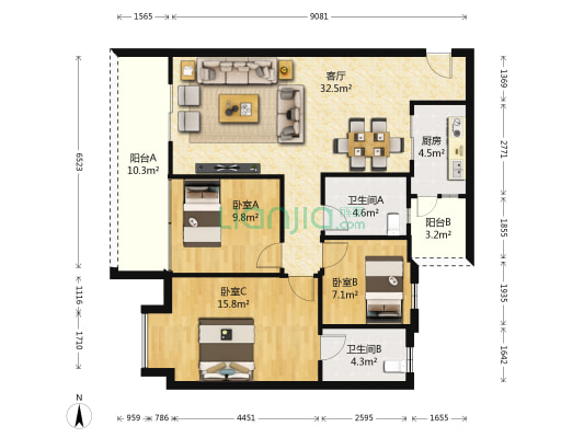 新境誉花园 3室1厅2卫 96平方