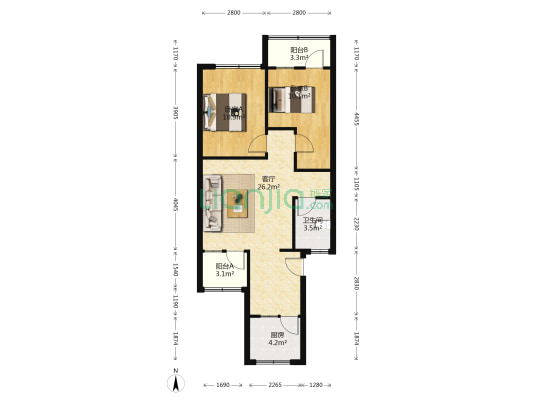 安惠大道14-1号 2室1厅1卫 71平方