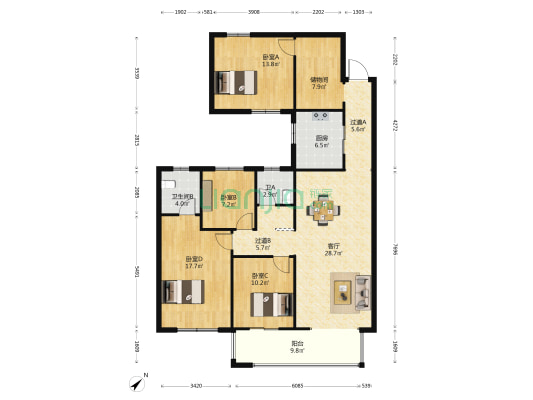 长丰家园 4室1厅2卫 125平方