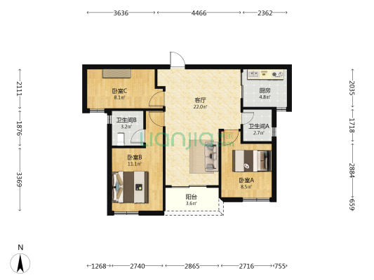 国贸保利和颂锦原 3室1厅2卫 83平方