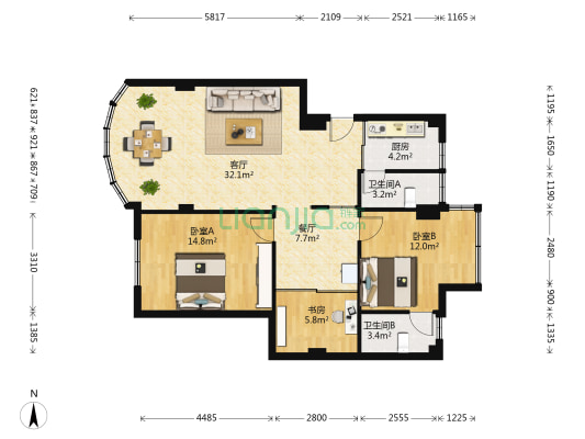 体育街小区 3室2厅2卫 89平方