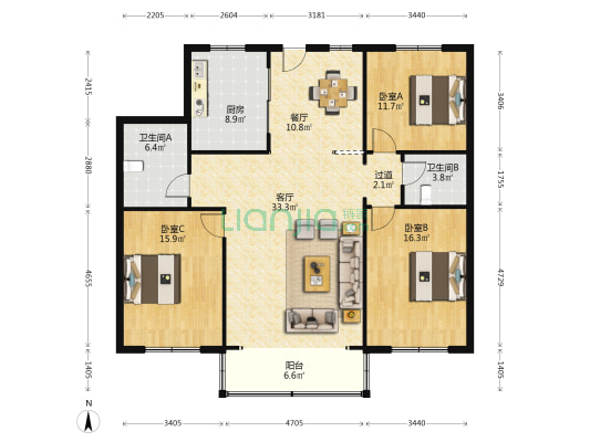 望湖园 3室2厅2卫 155平方