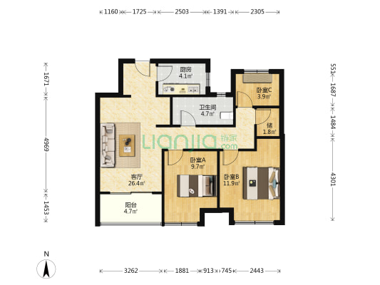 龙湖棠城 3室1厅1卫 89平方