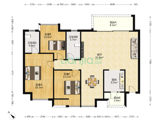 龙兴国际生态新城天誉 3室1厅2卫 145平方