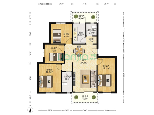 云苑花园 4室1厅2卫 109平方