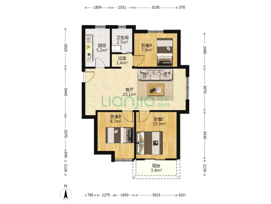 金地格林LINE 3室1厅1卫 86平方