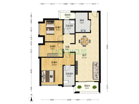 得天和苑 3室1厅2卫 102平方
