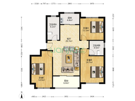 银盛泰嘉富丽苑 3室1厅2卫 118平方