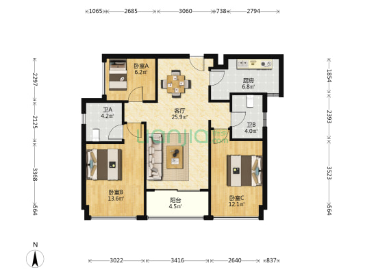 格力地产双子星 3室1厅2卫 97平方