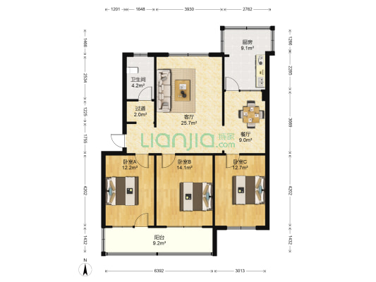 泰和苑 3室2厅1卫 124平方