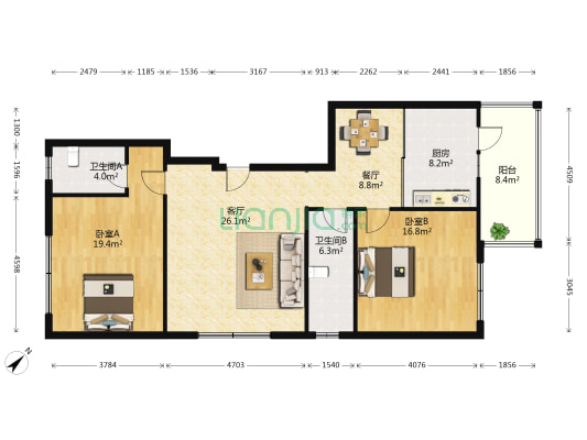 聚贤花园 2室2厅2卫 128平方