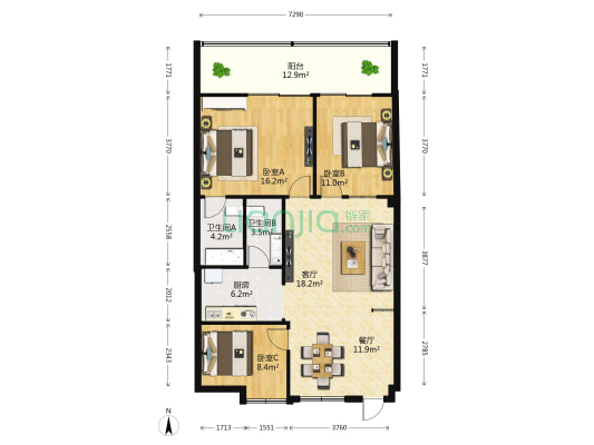 中山路 3室2厅2卫 118平方