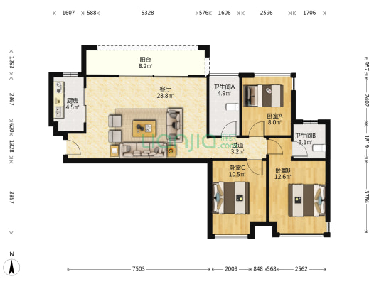 长通熙园 3室1厅2卫 106平方