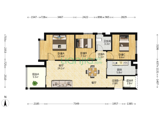 中海·寰宇中心 3室1厅1卫 99平方