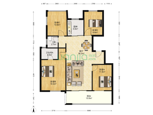 海亮幸福里 4室1厅2卫 125平方