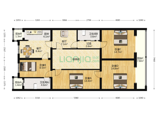 铁医路1号院 4室2厅2卫 119平方