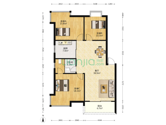 北海盈馨花园 3室1厅1卫 117平方