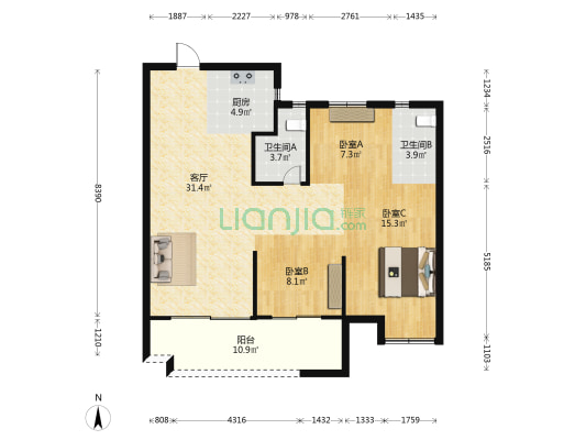 书香红墙新苑 3室1厅2卫 104平方