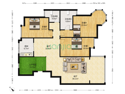 金碧雅苑 3室2厅2卫 142平方