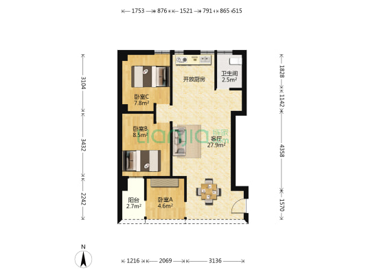 花园新村 3室1厅1卫 68平方