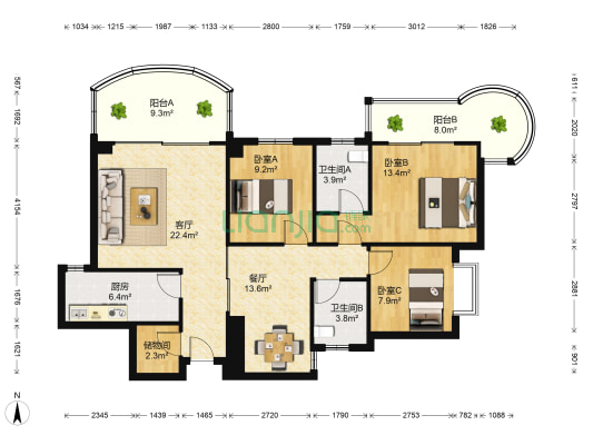 禹洲棕榈城二期 3室2厅2卫 121平方
