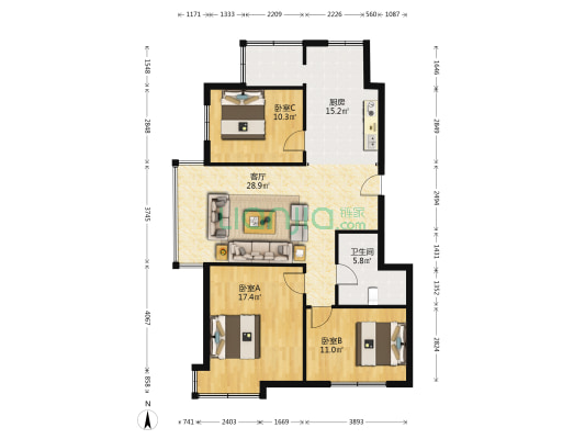 航空南湖家园 3室1厅1卫 111平方