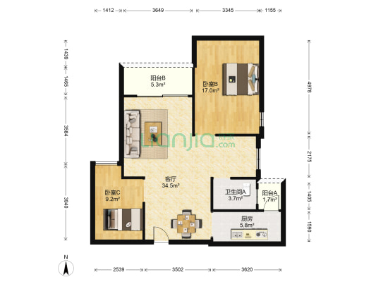 恒富得名苑 2室1厅1卫 94平方