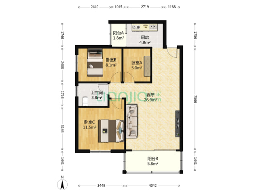 丰泽园 3室1厅1卫 78平方